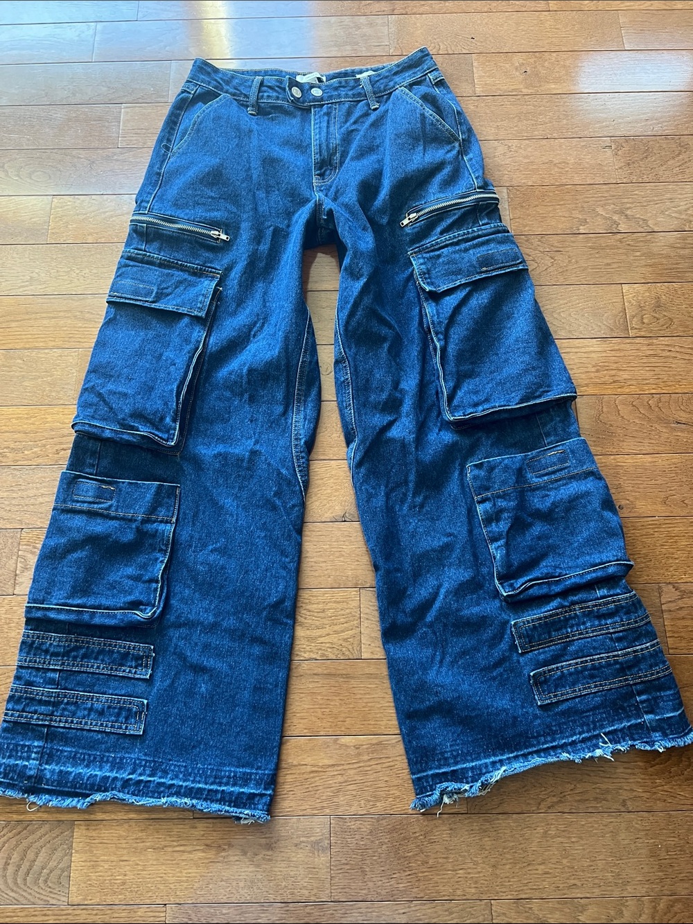 💙Forever 21 Dark Blue Wide Leg Cargo Jeans with Utility Pockets-28💙
